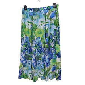 Vintage Midi Skirt Size 10 Crinkle Blue Green Tropical Print Floral Resort